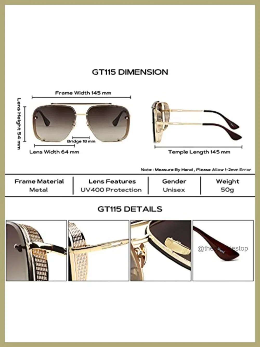 Oversized Square Aviator Sunglasses Metal Side Shield UV400